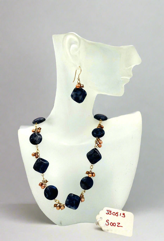 Gold Over Sterling Silver Navy & Bronze Gemstone Necklace & Earring Set