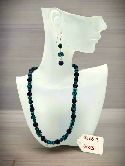 Malachite & Amethyst Beaded Necklace and Earring Set – Sterling Silver (SS)