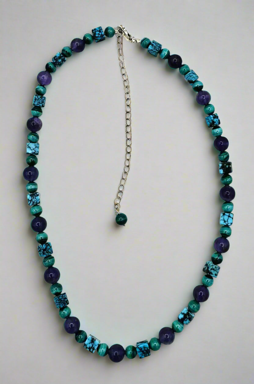 Malachite & Amethyst Beaded Necklace and Earring Set – Sterling Silver (SS)