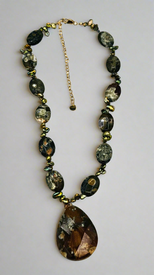 Ocean Jasper & Shell Bead Necklace and Earring Set – 14/20 Gold over Sterling (GF)