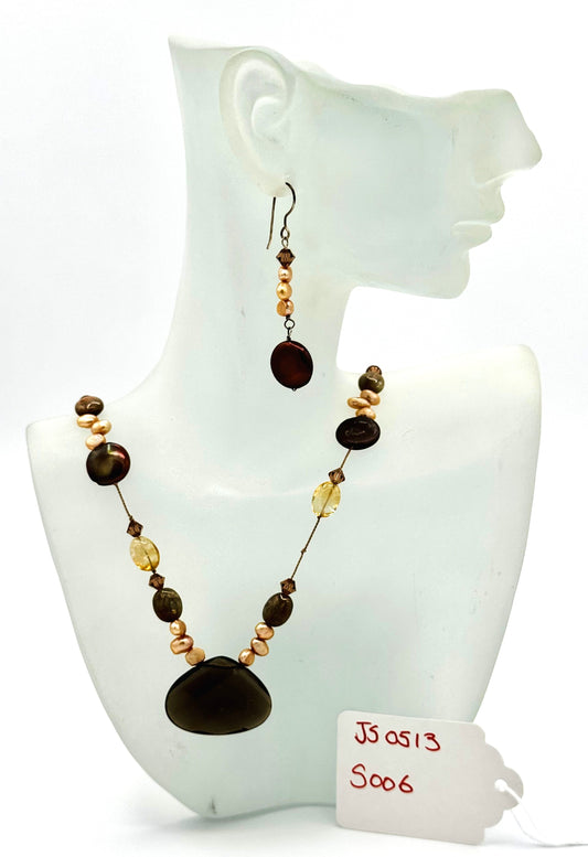 Earthy Elegance: Smoky Quartz & Freshwater Pearl Necklace & Earring Set (Gold Over SS)