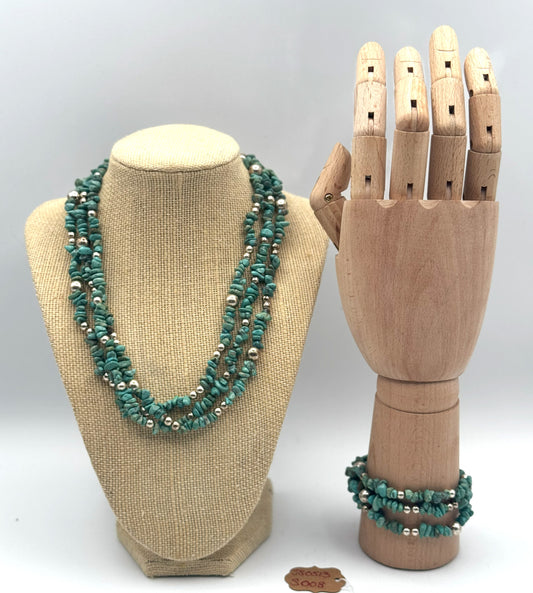 Turquoise Chip & Silver-Bead 3-Strand Necklace + Bracelet Set