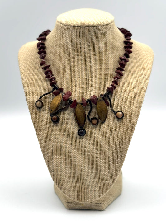 Vintage Art Nouveau Boho Necklace – Red Jasper Chips, Brass Leaf Charms & Beaded Dangles