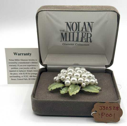 Nolan Miller Glamour Collection Mum Brooch – Faux Pearls, Rhinestones & Green Enamel Leaves