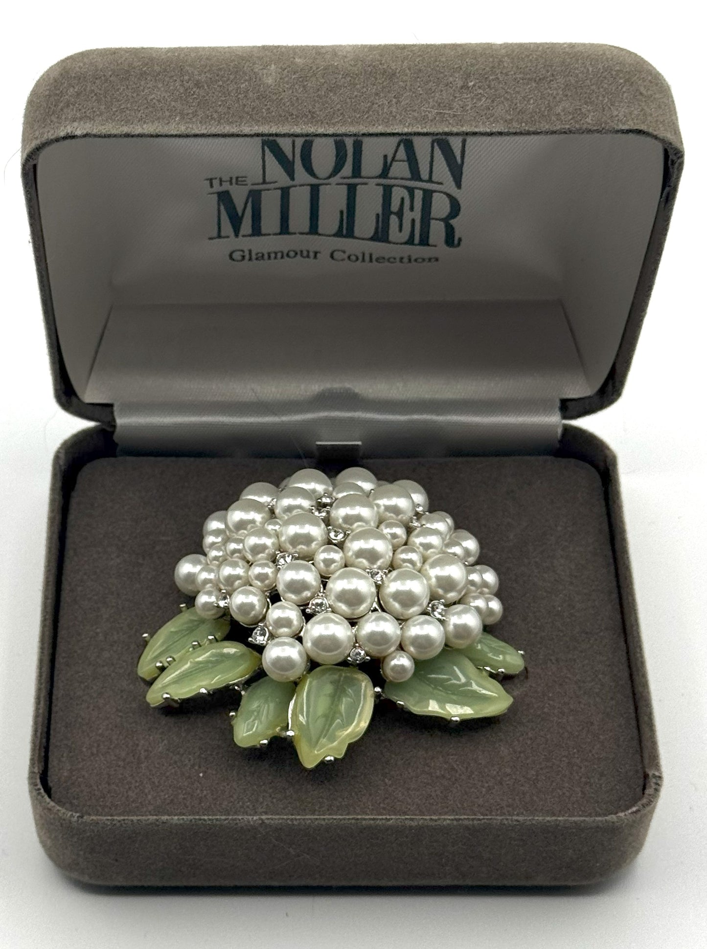 Nolan Miller Glamour Collection Mum Brooch – Faux Pearls, Rhinestones & Green Enamel Leaves