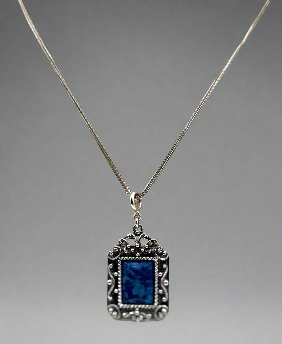 Vintage Boho Sterling Silver Necklace with Ornate Blue Glass Pendant