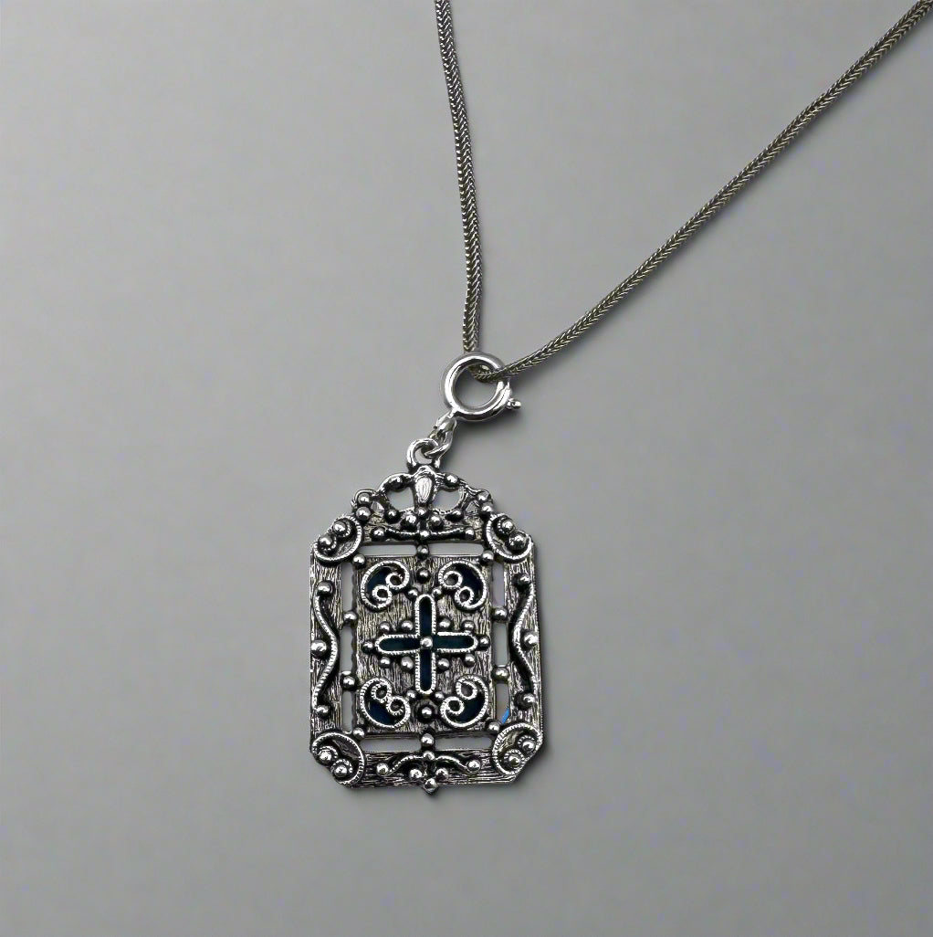 Vintage Boho Sterling Silver Necklace with Ornate Blue Glass Pendant