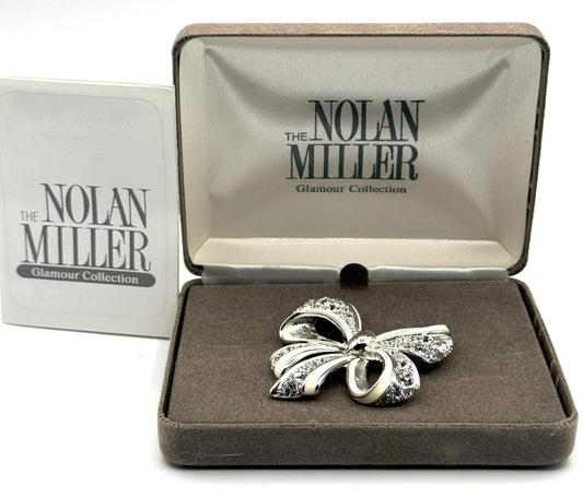 Nolan Miller Rhinestone Bow Brooch – Glamour Collection Silvertone & Enamel Pin