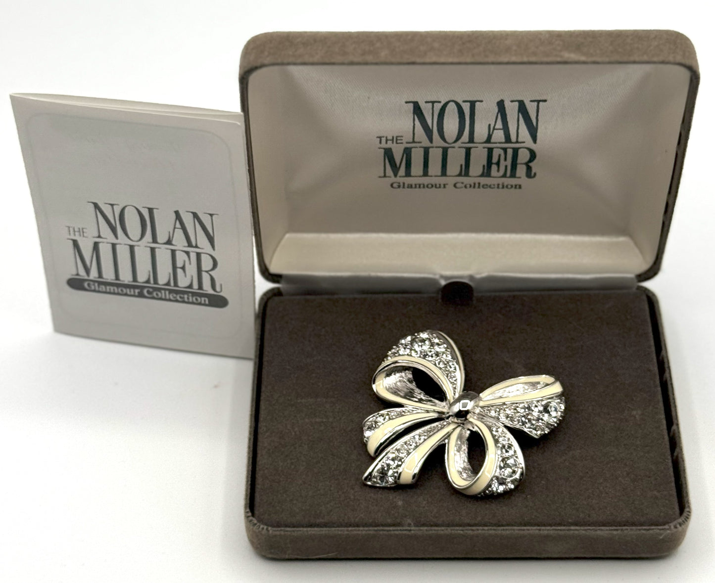 Nolan Miller Rhinestone Bow Brooch – Glamour Collection Silvertone & Enamel Pin