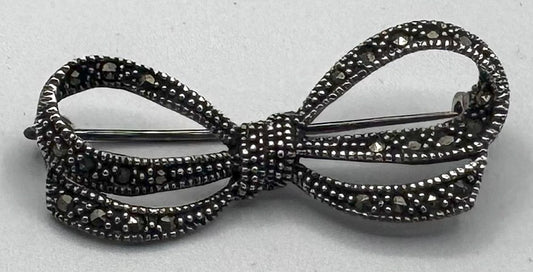 Sterling Silver Marcasite Bow Brooch – Vintage Style Pin with Genuine Marcasite