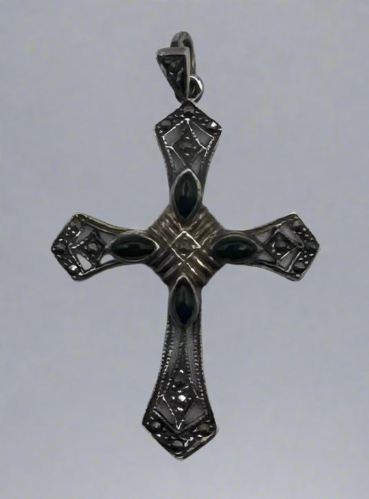 Sterling Silver Marcasite & Onyx Cross Pendant – Vintage Gothic-Inspired Design