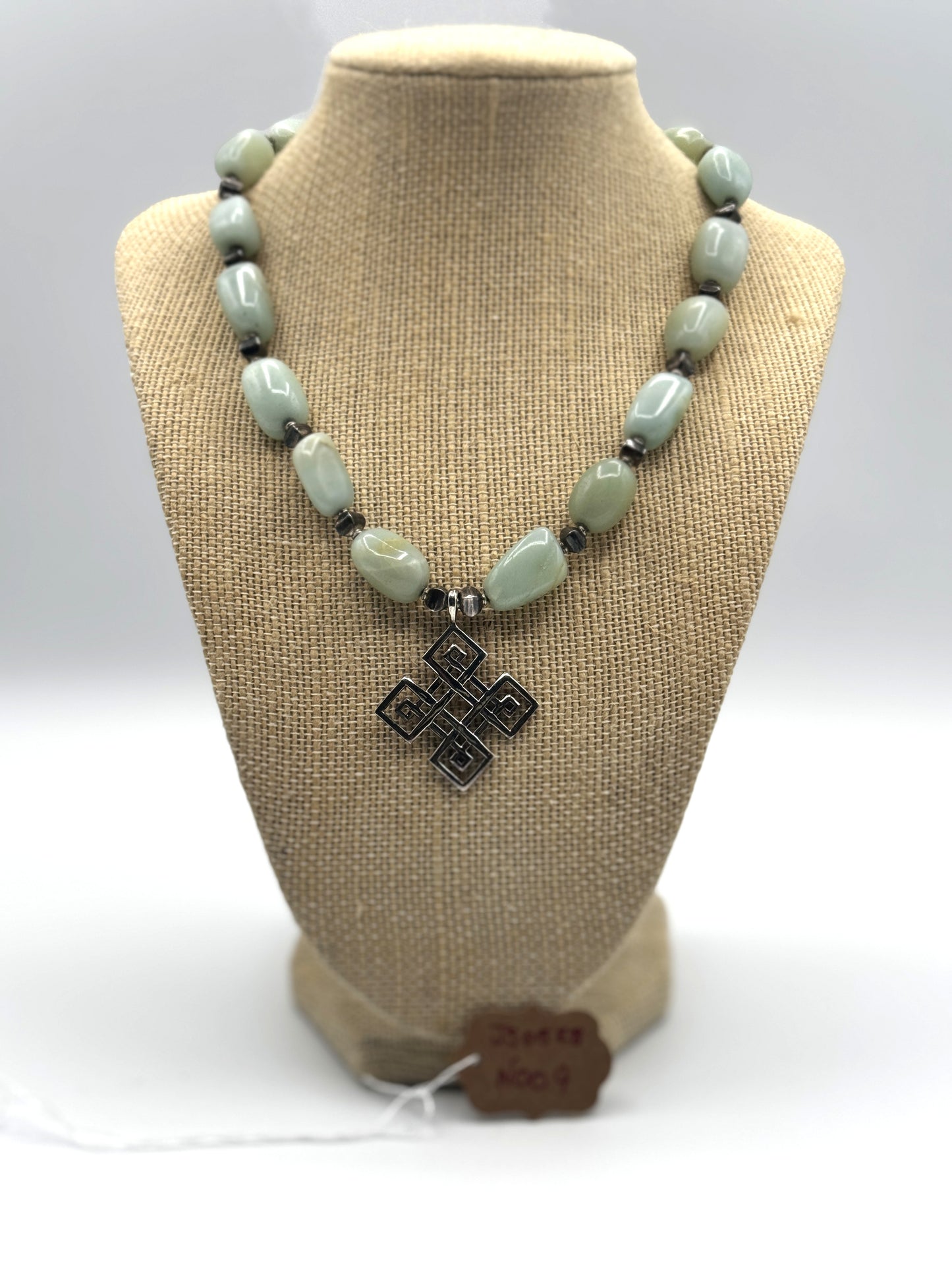 Chunky Green Jade Bead Necklace with Sterling Silver Geometric Pendant