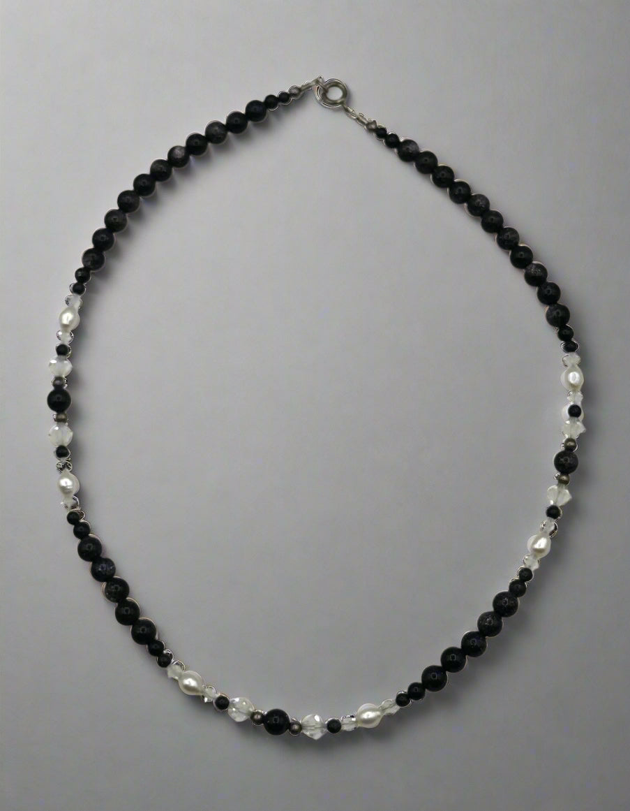 Pearl & Purple Stardust Bead Necklace – Crystal Accents & Sterling Silver Clasp