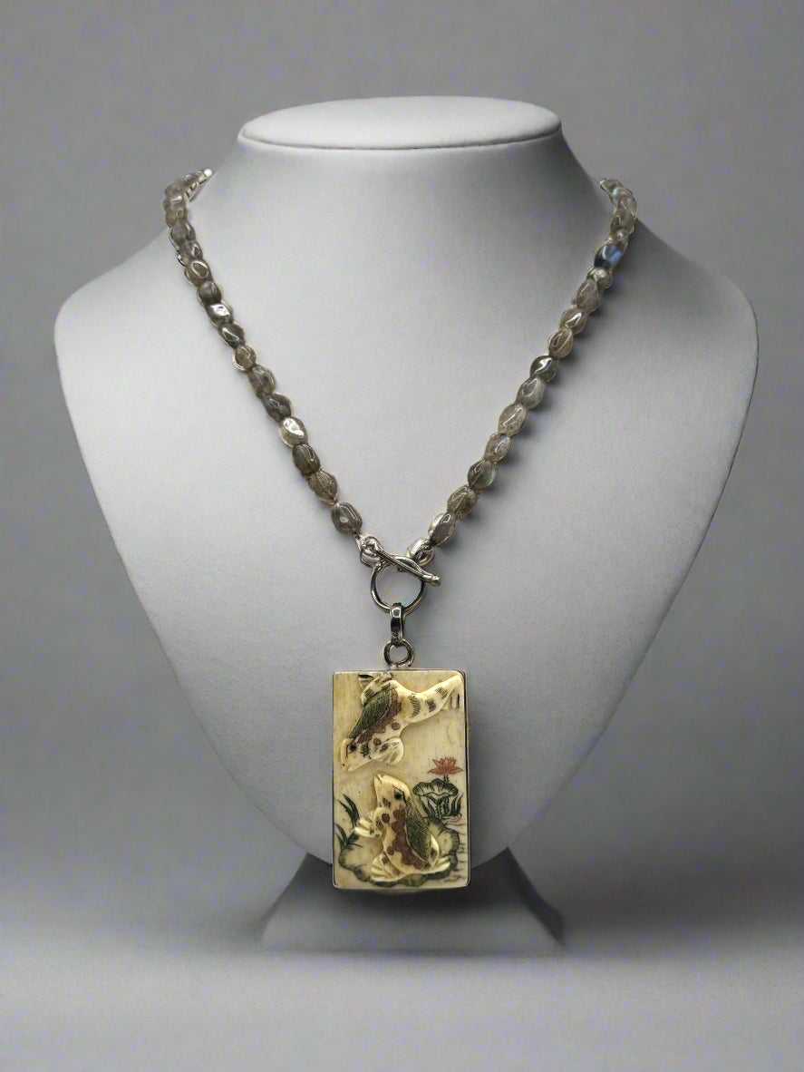 Vintage Carved Bone Frog Pendant Necklace – Labradorite Beads & Sterling Silver Toggle Clasp