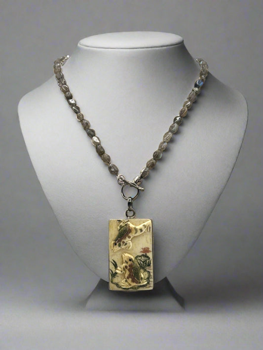 Vintage Carved Bone Frog Pendant Necklace – Labradorite Beads & Sterling Silver Toggle Clasp