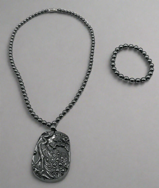 Sterling Silver Terahertz Bead Necklace with Carved Peacock Pendant + Matching Bracelet