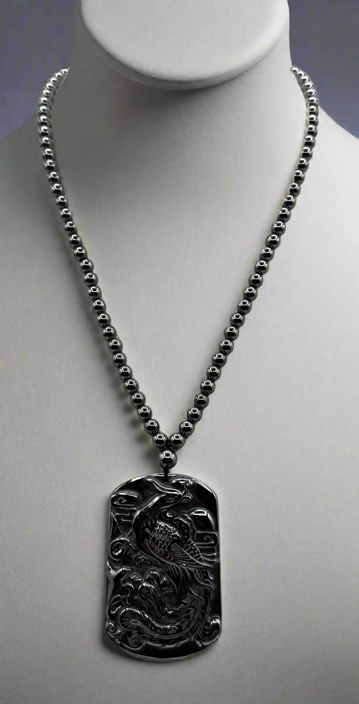 Sterling Silver Terahertz Necklace with Carved Phoenix & Dragon Pendant + Bracelet