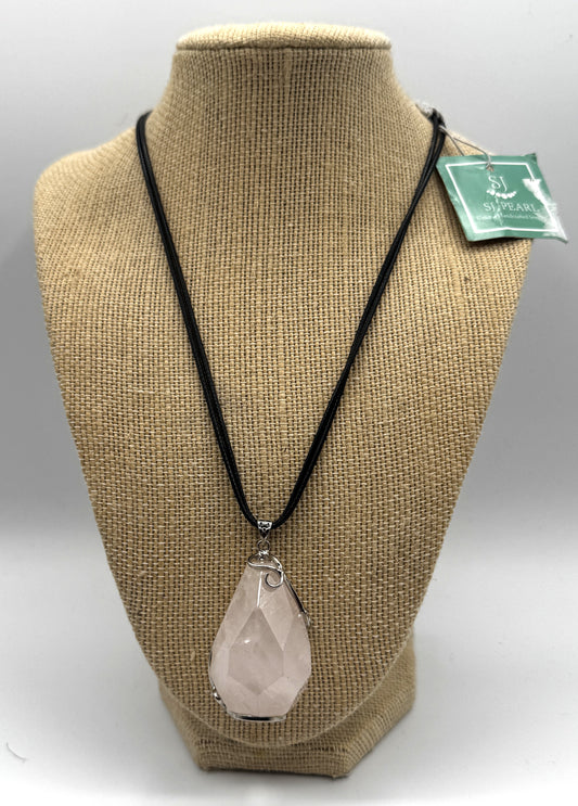 SJ Pearl Rose Quartz Teardrop Pendant Necklace on Black Cord