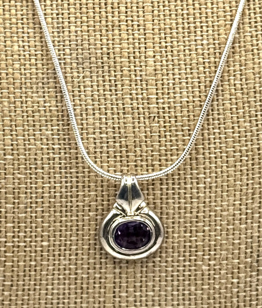 925 Sterling Silver & Amethyst Pendant Necklace – Signed, Modern Vintage Style
