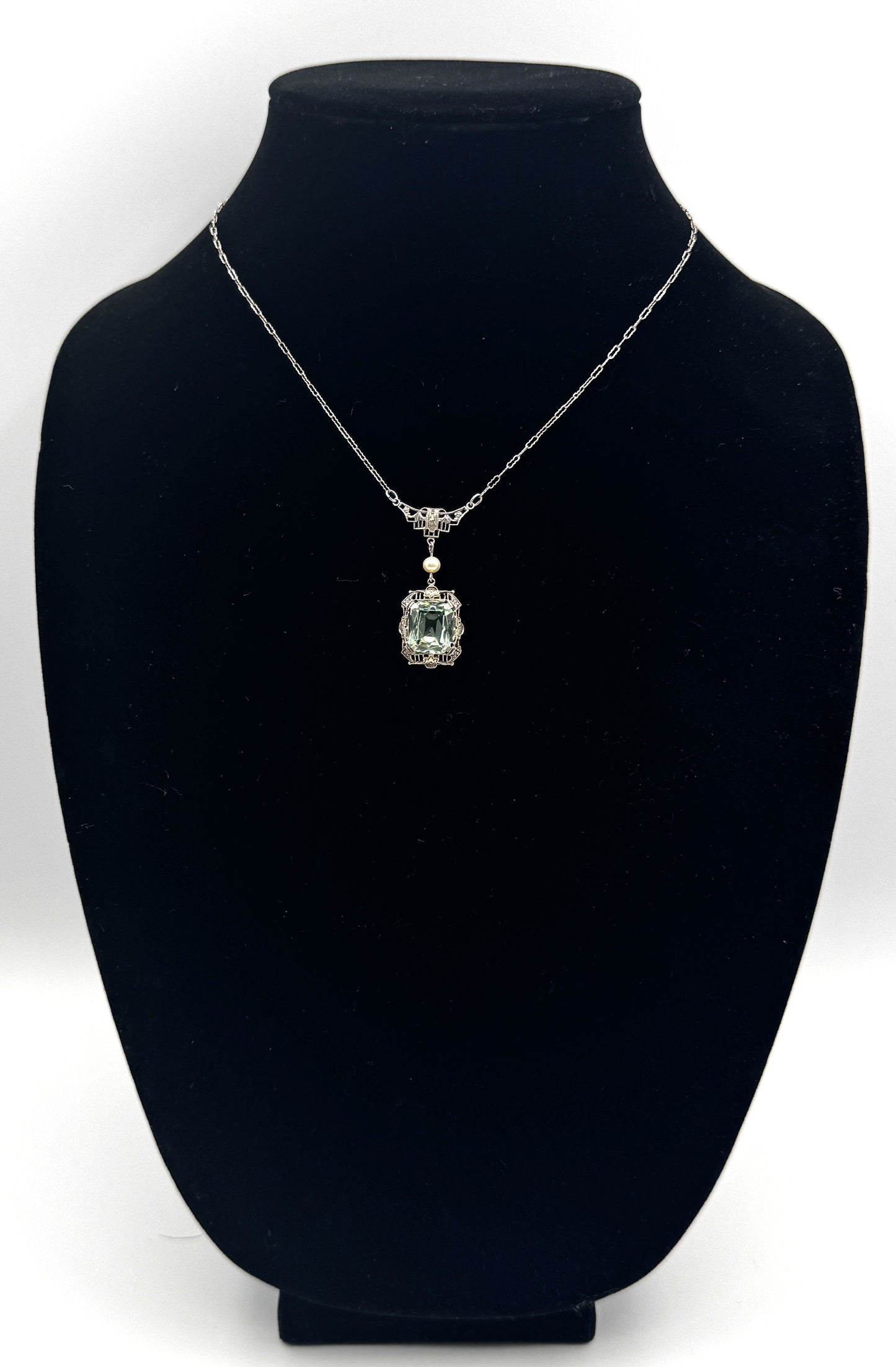 Vintage Art Deco Sterling Silver Filigree Necklace – Beveled Glass & Pearl Drop
