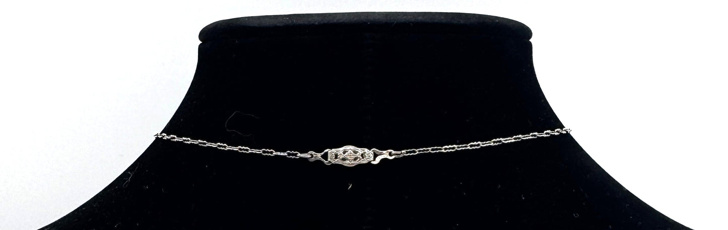 Vintage Art Deco Sterling Silver Filigree Necklace – Beveled Glass & Pearl Drop