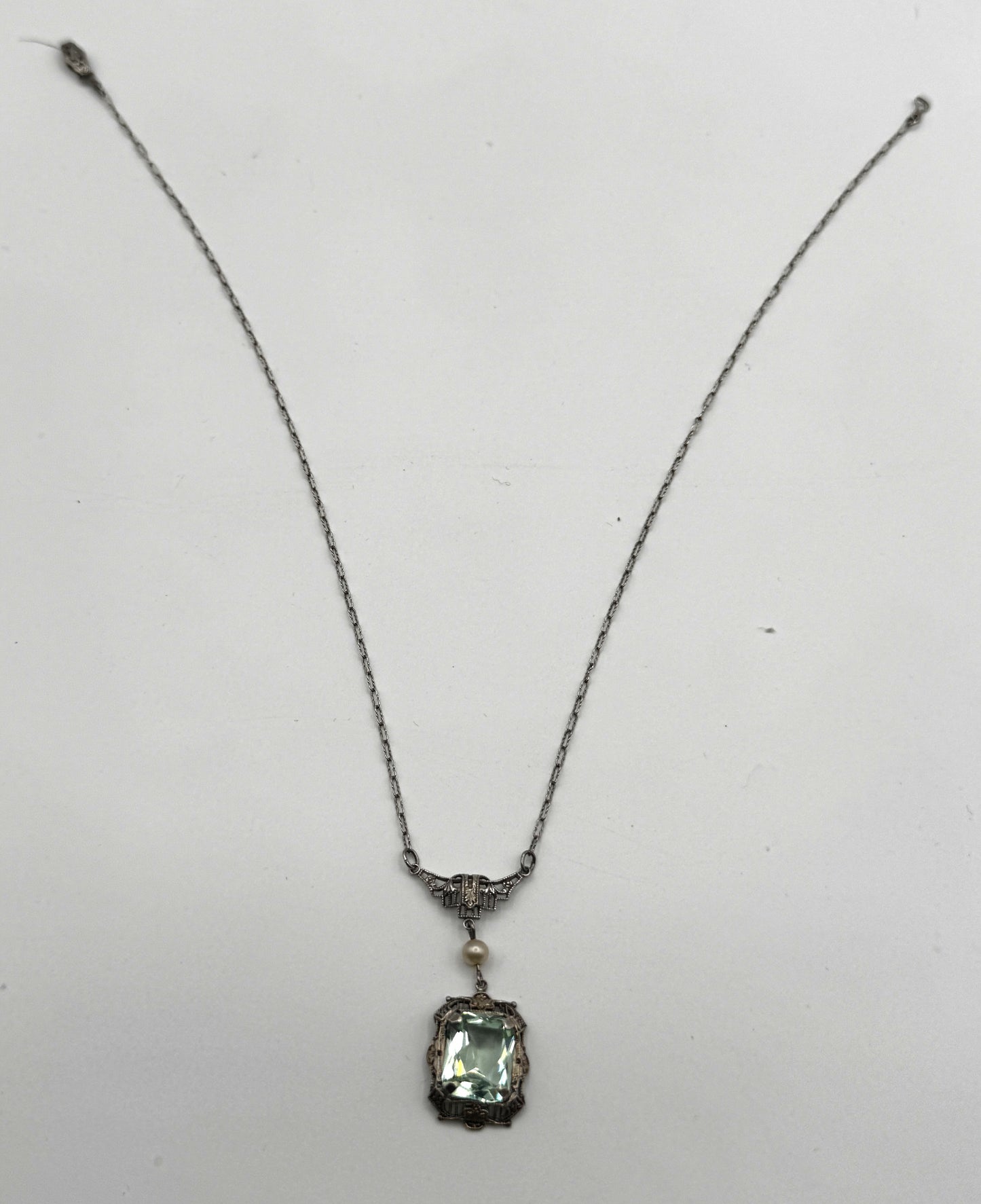 Vintage Art Deco Sterling Silver Filigree Necklace – Beveled Glass & Pearl Drop