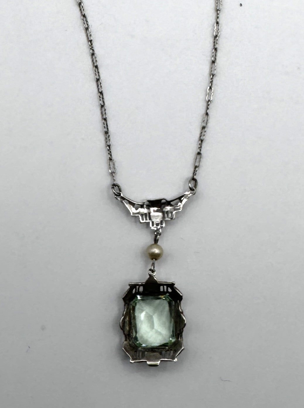 Vintage Art Deco Sterling Silver Filigree Necklace – Beveled Glass & Pearl Drop