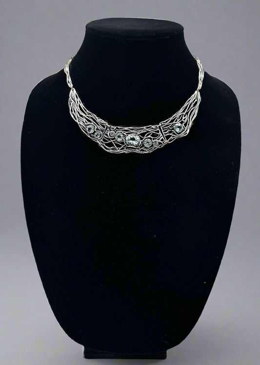 Or Paz Modernist Sterling Silver Collar Necklace with Blue Topaz Accents