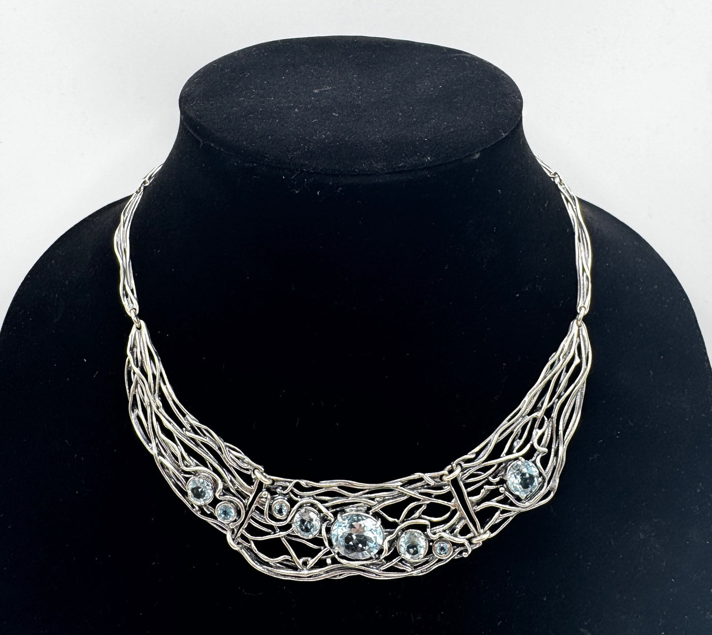 Or Paz Modernist Sterling Silver Collar Necklace with Blue Topaz Accents