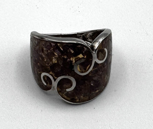 Sterling Silver & Crushed Amethyst Swirl Wide Band Ring – Size 10
