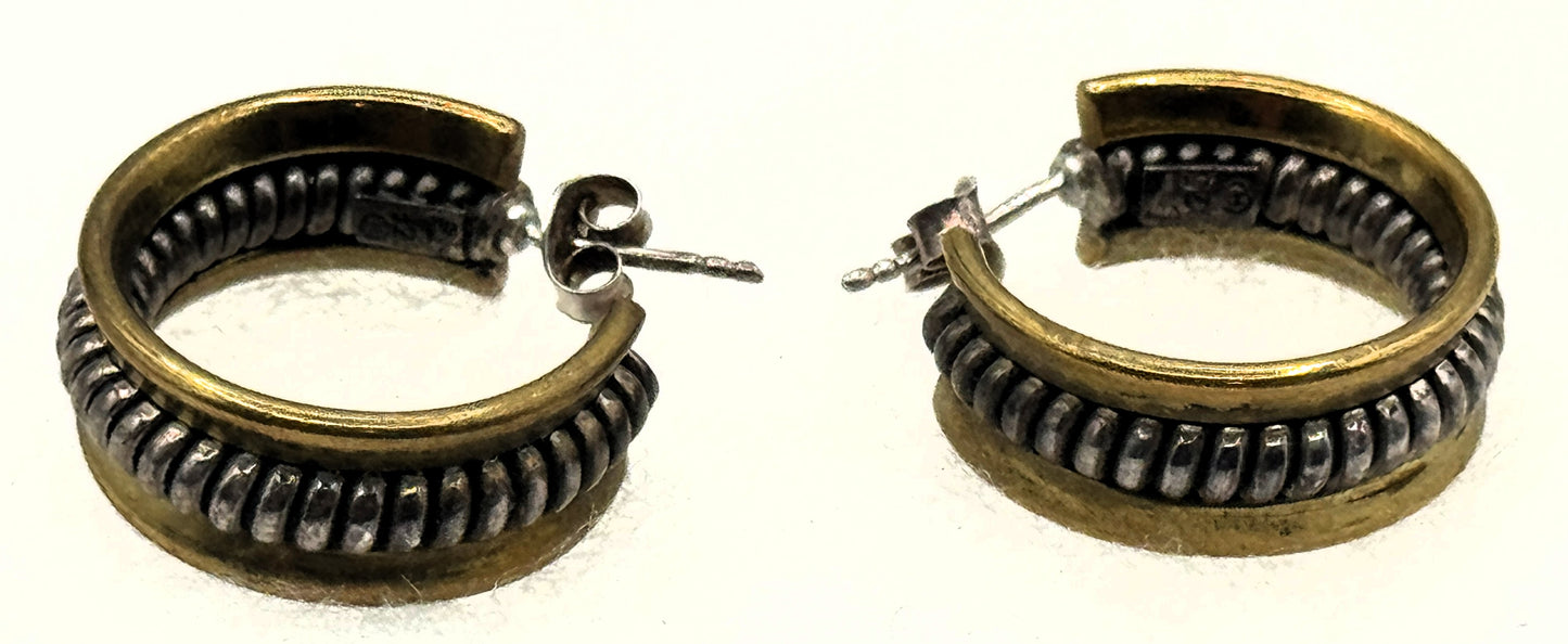 Sterling Silver & Brass Ribbed Hoop Earrings