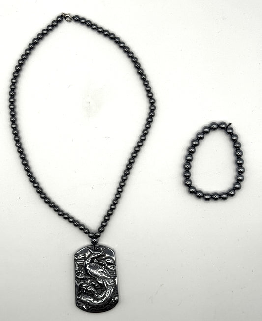 Sterling Silver Terahertz Necklace with Carved Phoenix & Dragon Pendant + Bracelet