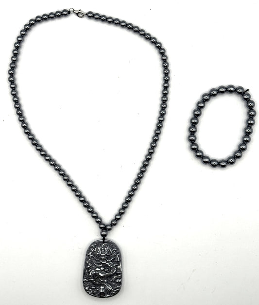 Sterling Silver Terahertz Bead Necklace with Carved Dragon Pendant + Matching Bracelet