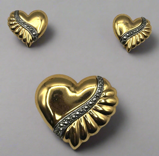 Vintage Gold-Tone Heart Brooch & Earring Set – Marcasite Accents
