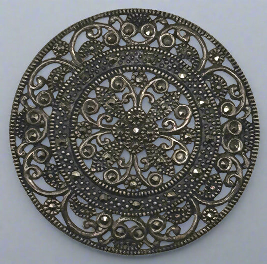 Vintage Sterling Silver Marcasite Circle Brooch – Ornate Filigree Design