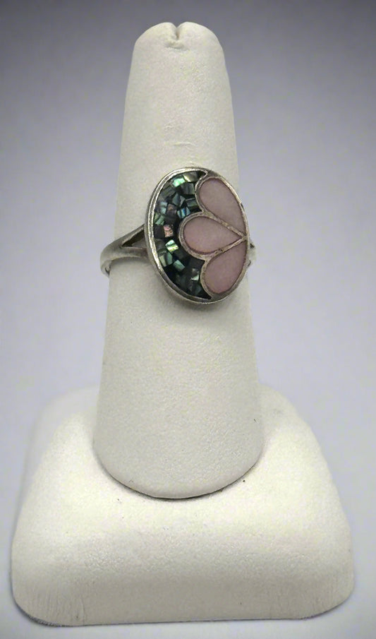 Sterling Silver Mother of Pearl & Abalone Flower Ring – Size 8