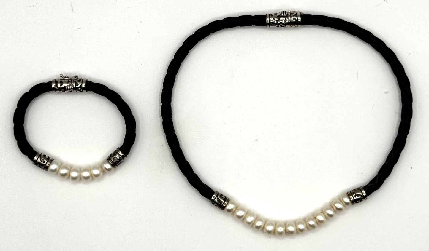 Sterling Silver, Leather & Freshwater Pearl Jewelry Set