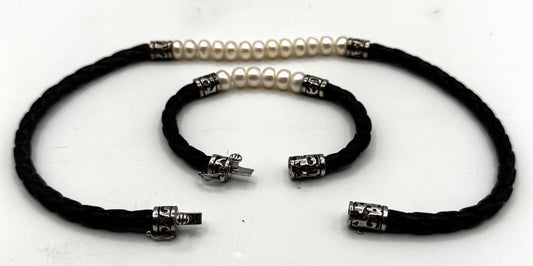 Sterling Silver, Leather & Freshwater Pearl Jewelry Set