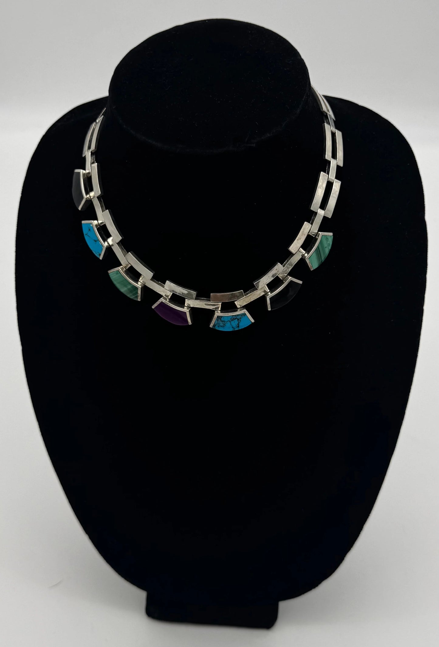 Vintage Mexican 950 Sterling Silver Gemstone Collar Necklace – 17" | 85.19g