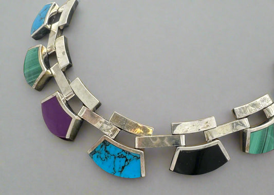 Vintage Mexican 950 Sterling Silver Gemstone Collar Necklace – 17" | 85.19g